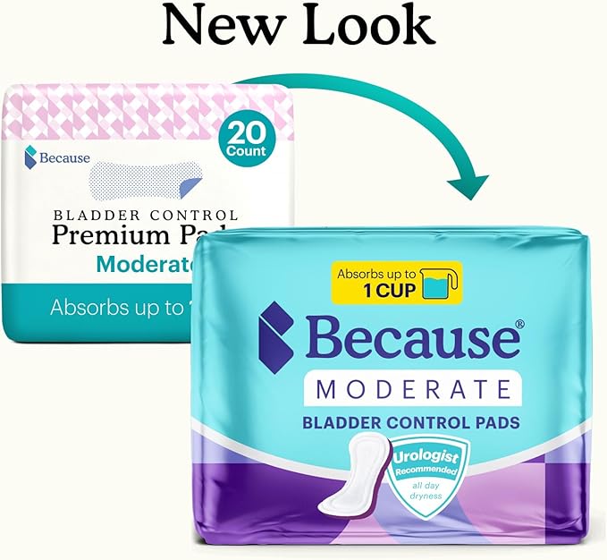 Because Premium Incontinence Pads for Women - Discreet, Individually Wrapped Liners - Moderate Absorbency, Ergonomic Design for Comfort, Leak Protection - 120 Count (6 Packs of 20)