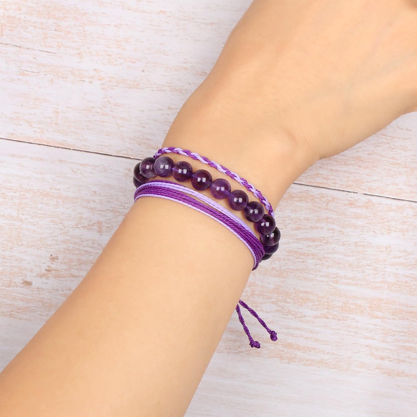 QOGIR Handmade Healing Stones Bracelets,8mm Natural Amethyst Beaded Bracelets,for Men Women Gifts with 2PCS Size Adjustable Rope Bracelets