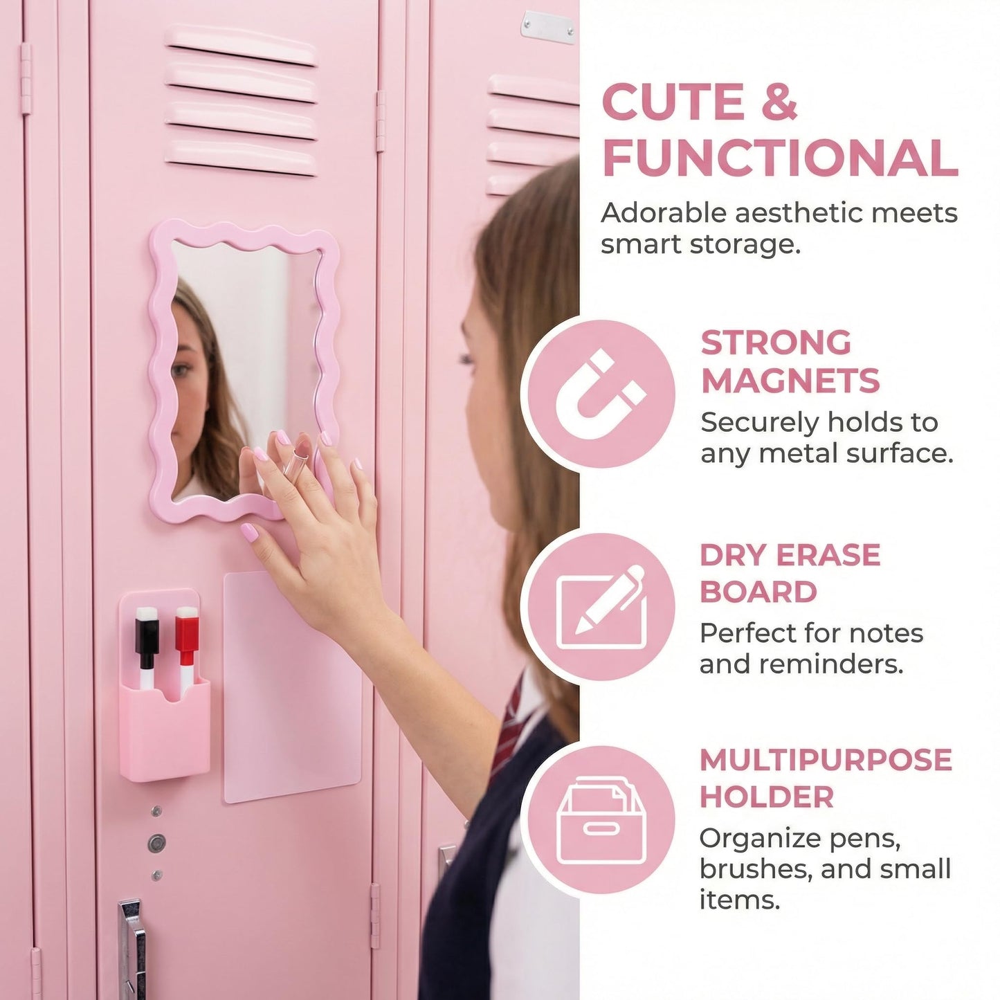 Pink Magnetic Locker Accessories Set (10 Pcs) – Shatter-Resistant Mirror, Whiteboard, Pen Holder, Comb, Markers & Magnet Clips – Cute Organizer for School, Gym, Work Locker Essentials for Girls Teens