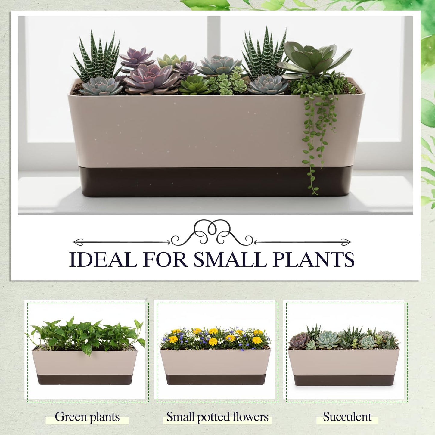 SHENLIU 4 Pack Rectangular Plant Pot, 12 Inch Watering Plant Container with Drainage Hole and Saucers Large Plastic Flower Pots Succulent Window Sill Planter Window Planter Box for Succulents, Flowers