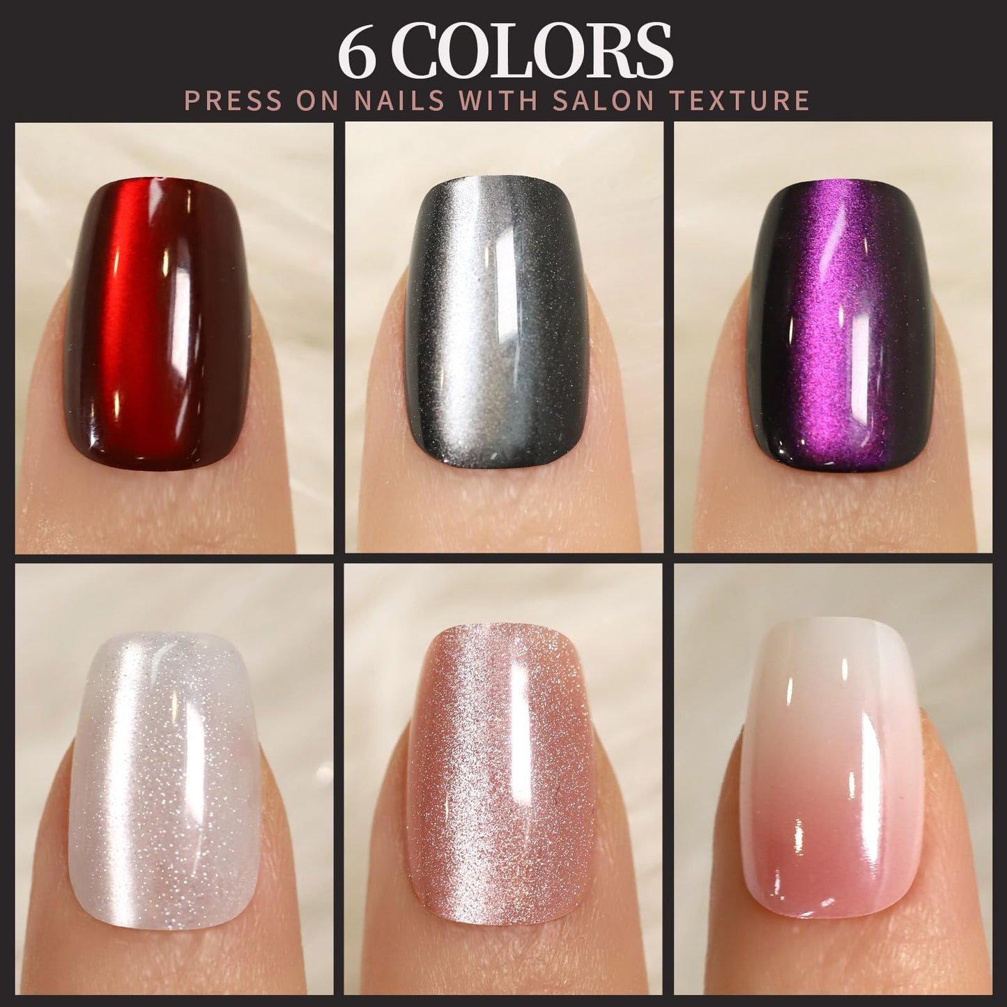 FANDAMEI Cat Eye Press On Nails, 6 Colors Press On Nails Short Square, Natural Fake Nails Fine Diamond Shine, Glossy Ombre, Cat Eye Nails for Women with Salon Quality, Press on Nails Kit