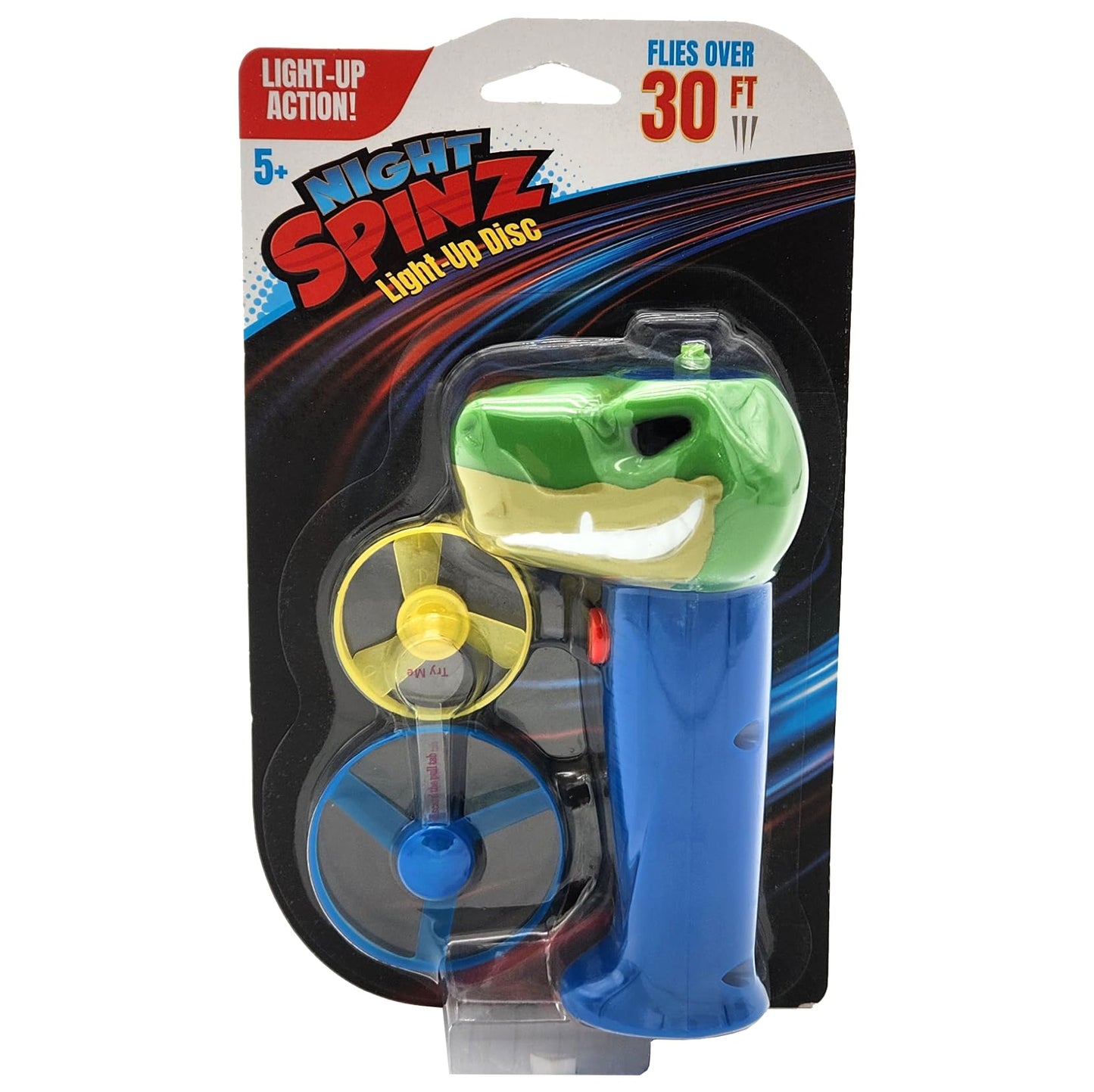 Spinz Night T-Rex Flying Disc Launcher, Light Up Propeller Outdoor Toy with Dinosaur Head and 2 Spinning Discs, Flies Over 30 Ft, 5+ Years