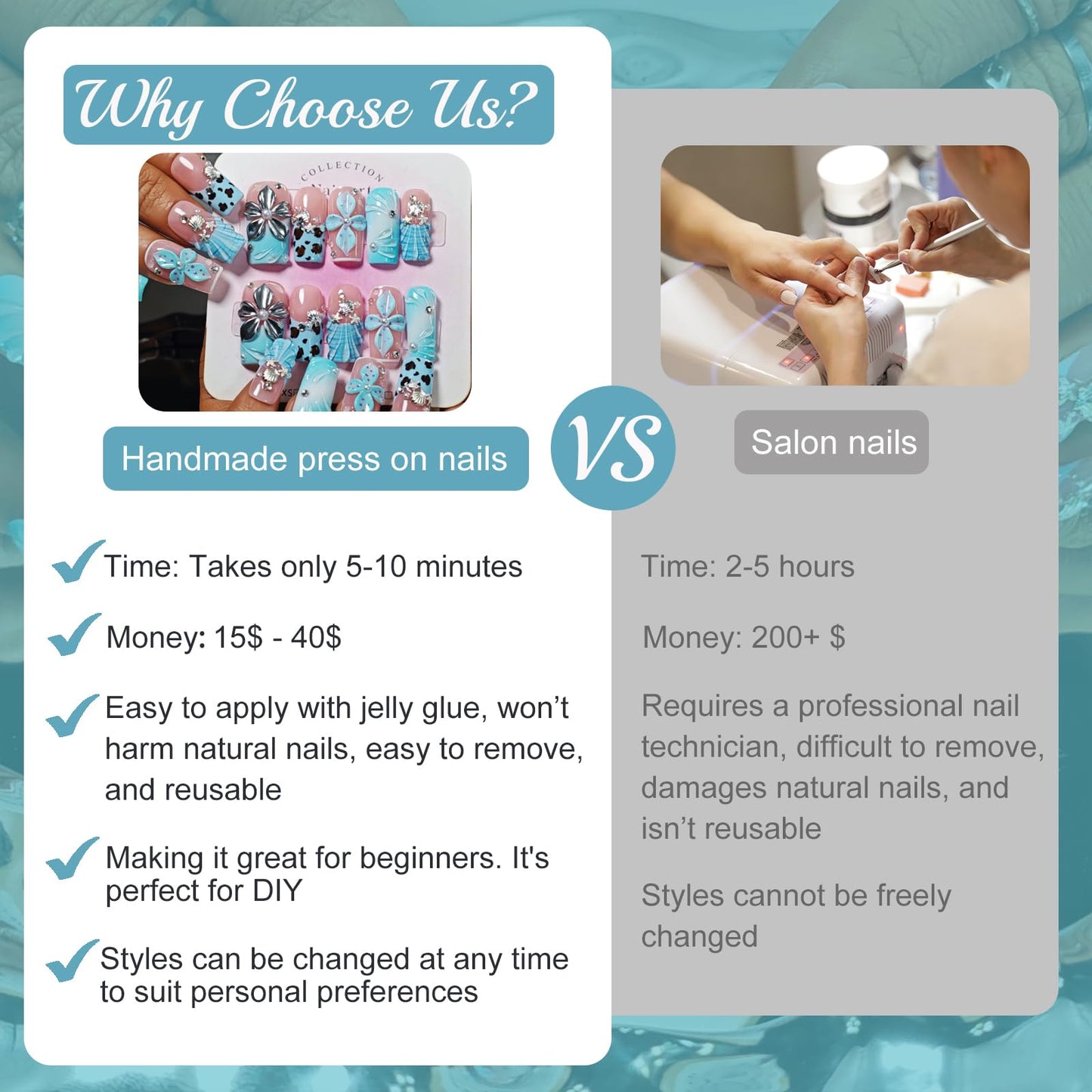 Handmade Press On Nails Square, Blue Press On Nails Medium, 3D Acrylic Nails French Tip Silver Flower Shell Leopard For Women Gift, Reusable Stick On Fake Nails Kit With Nail Glue(Tidal Blossom-M)
