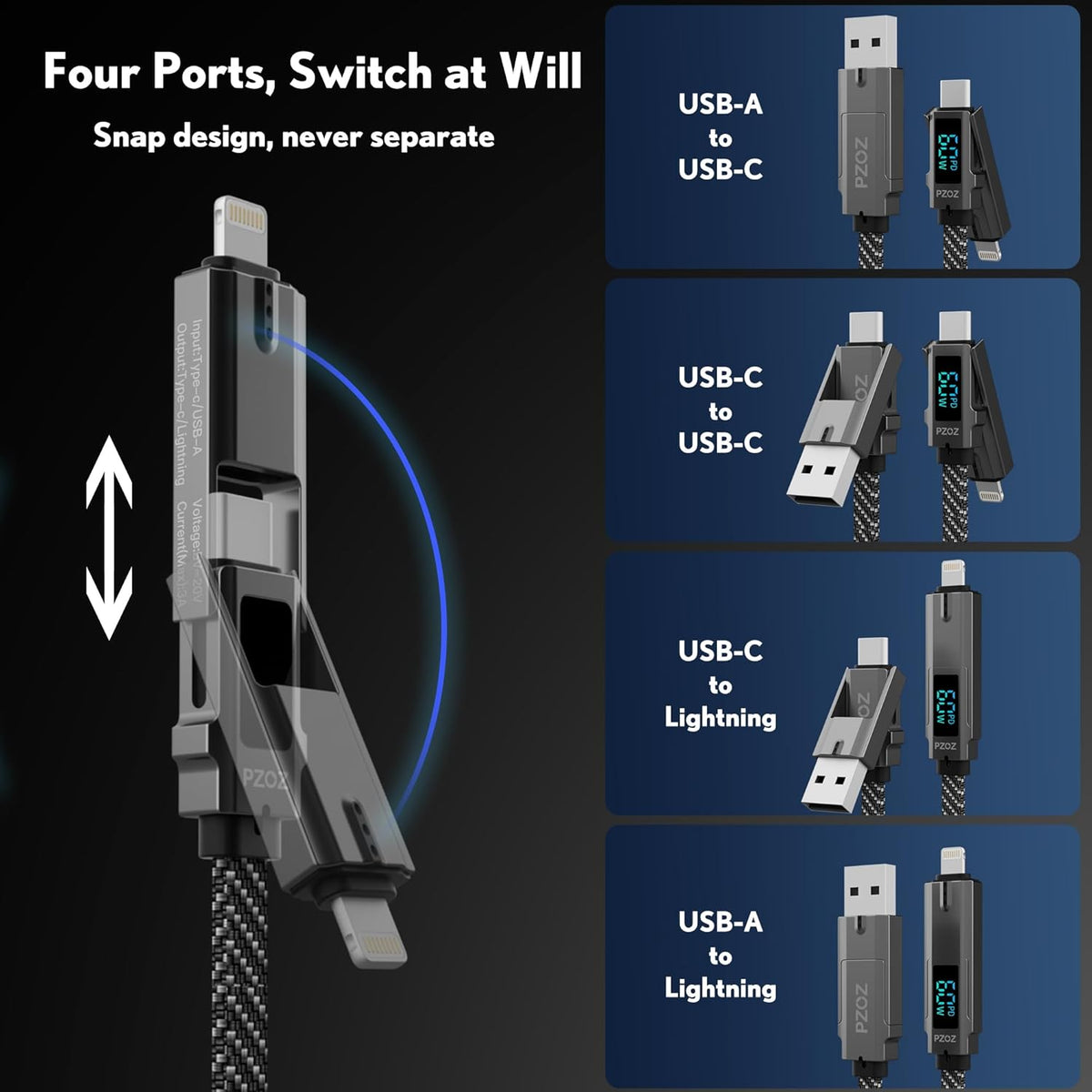 pzoz 4-in-1 USB C Fast Charging Cable with LED Display, Multi USBC Charger Combo Lightning/Type C/USB A Metal Ports for iPhone 16/15/14 Pro Max iPad MacBook AirPods Pro Samsung Google (60W, 5 ft)