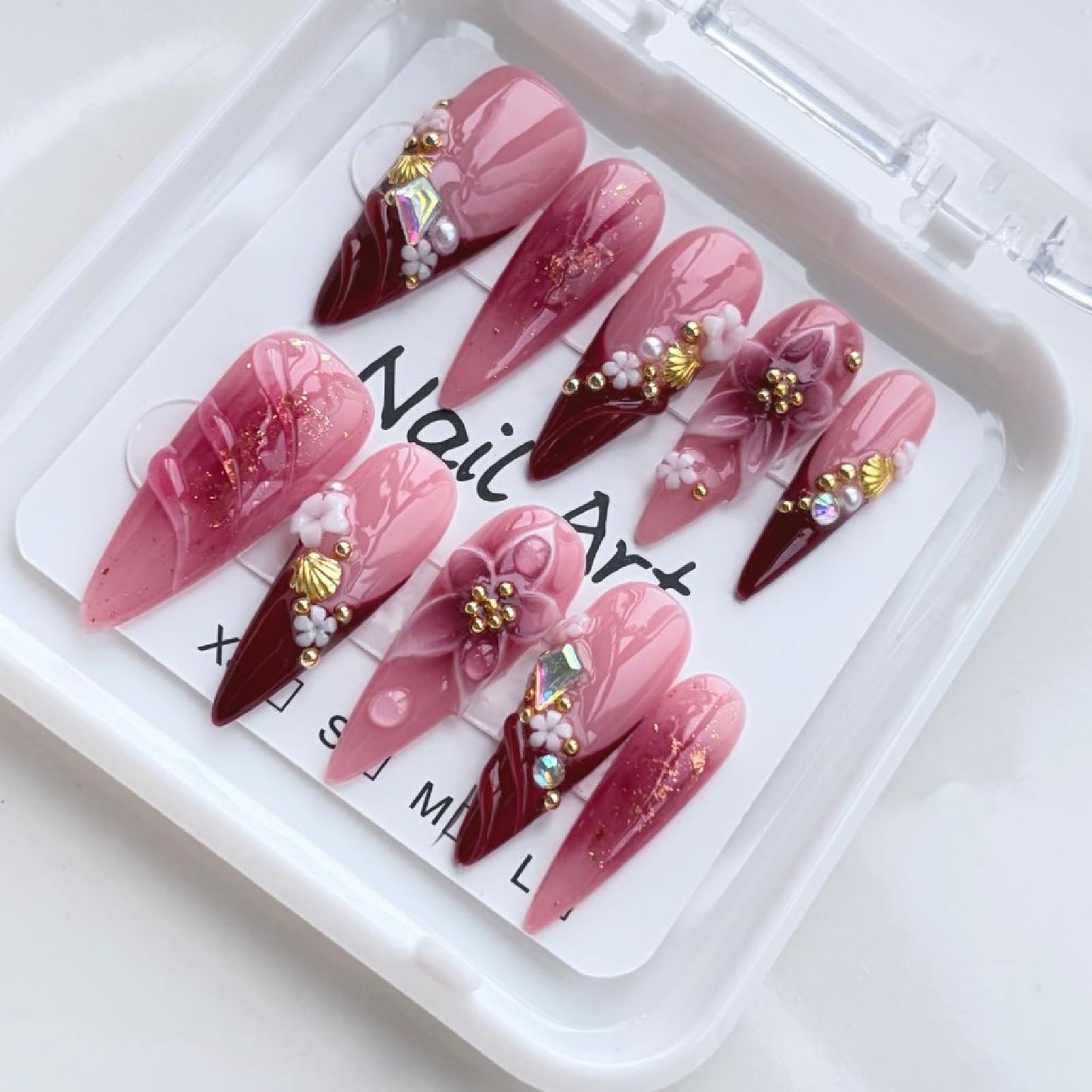 Threelegscat Handmade Press on Nails Long Almond Shape Fake Nails Stiletto Nail With Design for Women and Girls 10pcs Size M Pattern St1161