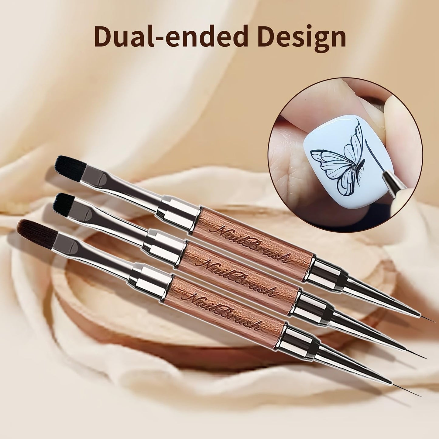DAIXIANGER 3PCS Dual-End French Tip Brush Set, Nail Art Clean Up Brushes, Gel Nail Brushes with Liner Brushes for Nails & Builder Gel Brush, Cuticle Cleaning, Acrylic & Polygel Nail Design