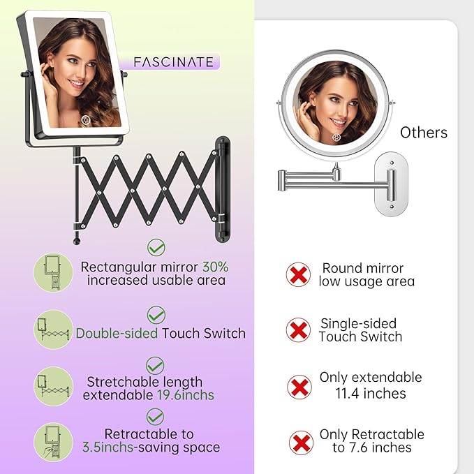FASCINATE Rechargeable Wall Mounted Makeup Mirror with Lights, 8.7 Inch Double Sided Touch Switch 1X 30X Magnifying Bathroom Mirror, 3 Color Lights Touch Dimmable Extended Arm 360°Rotation (Black)