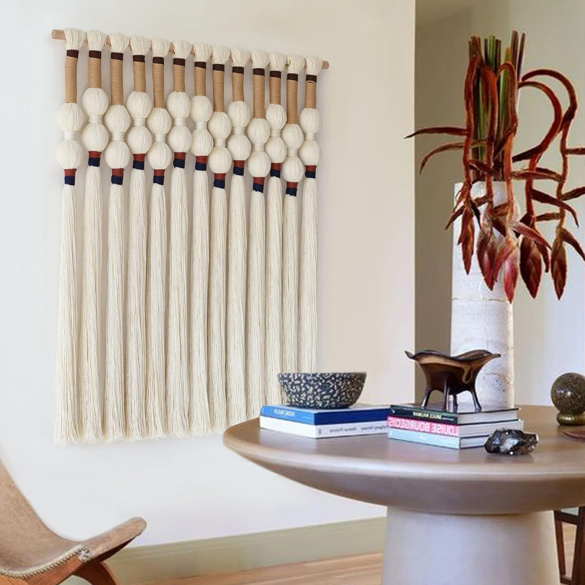 Macrame Wall Hanging Boho Wall Art Handmade Spherical Knot Design with Tassel Fringe, Boho Decor for Bedroom Living Room, for Home Decoration 27" W x 33" L