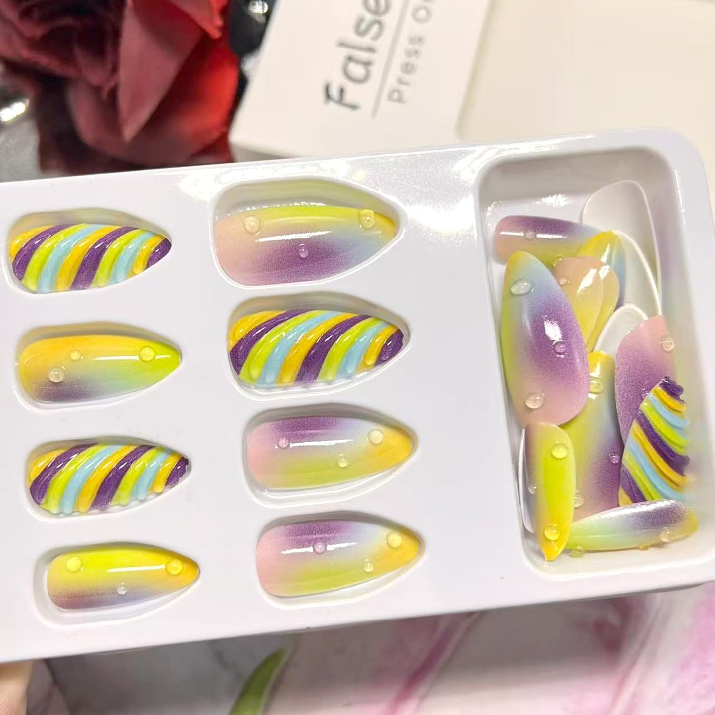 3D Colorful Stripe Press on Nails Medium Almond Gradient Fake Nails Glossy Full Cover Acrylic Glue on Nail for Women