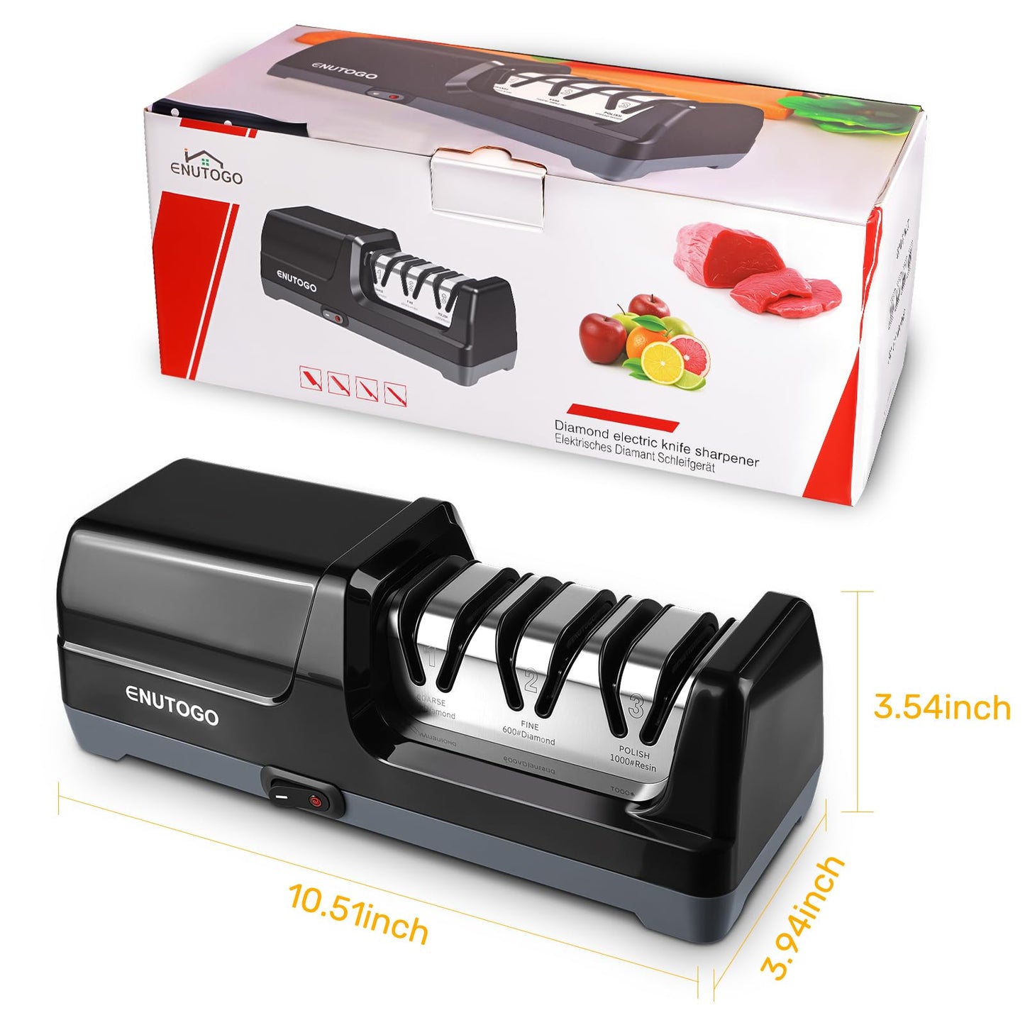 Enutogo Knife Sharpener, 3-Stage Electric Knife Sharpener for Kitchen Knives, 100% Diamond Abrasive with Quick Sharpening & Polishing, Professional Sharpening Tool with Metal Dust Collection Box
