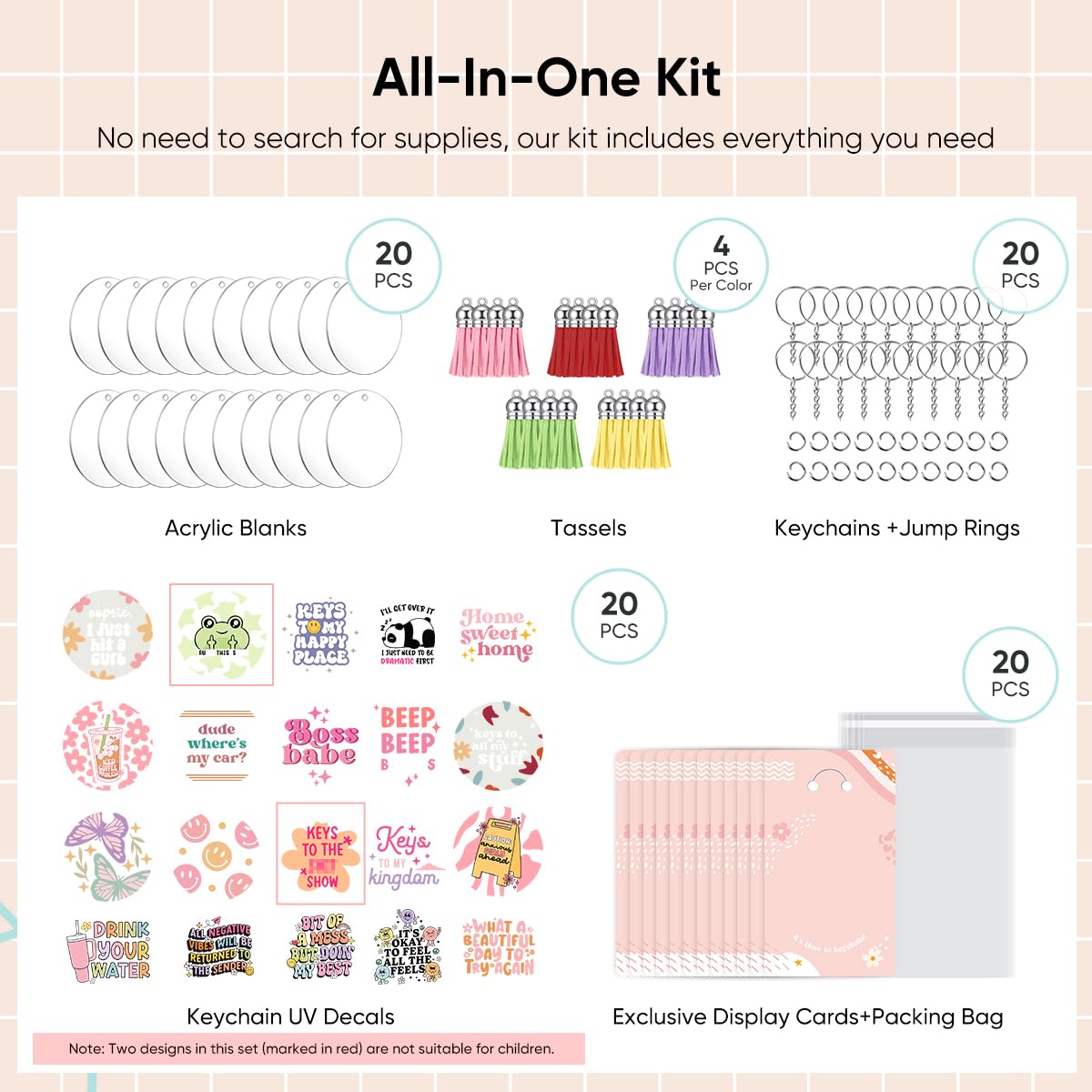 YOPPIX 140 PCS Acrylic Keychain Blank Set, Funny Double-Sided UV DTF Stickers Acrylic Keychain Making Kits for Vinyl DIY Craft Project