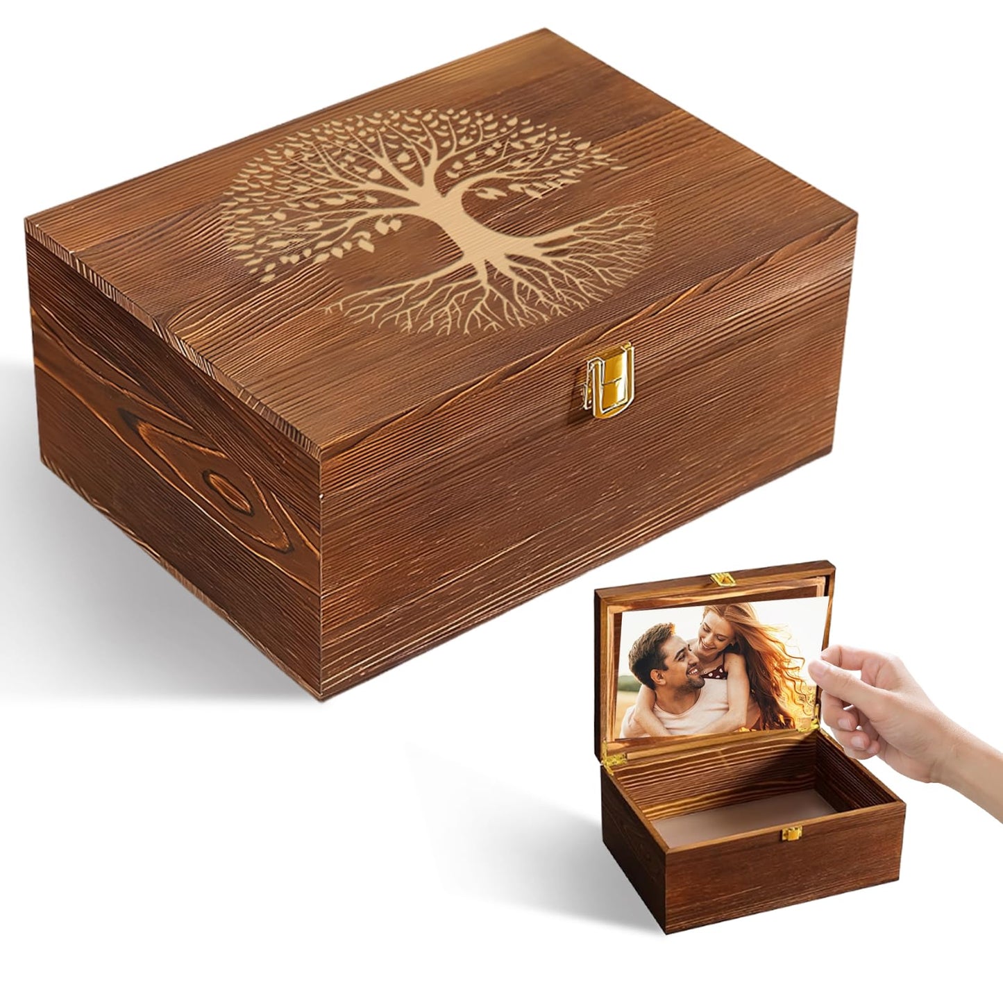 LUHUADUO Wooden Keepake Box, Large Tree of Life Storage Memory Box with Hinged Lid for Storing Photo, Jewelry, Gifts, Decorative Memory Treasure Box