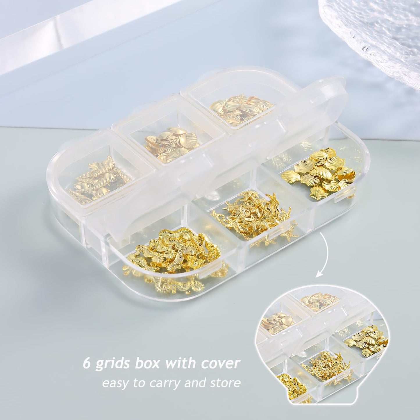 Furtherpretty 3D Beach Nail Charms, Gold Metal Starfish & Seashell Nail Charms,Tropical Ocean Nail Art Decorations, Summer Nail Accessories for DIY Manicure, Concha nácar para uñas