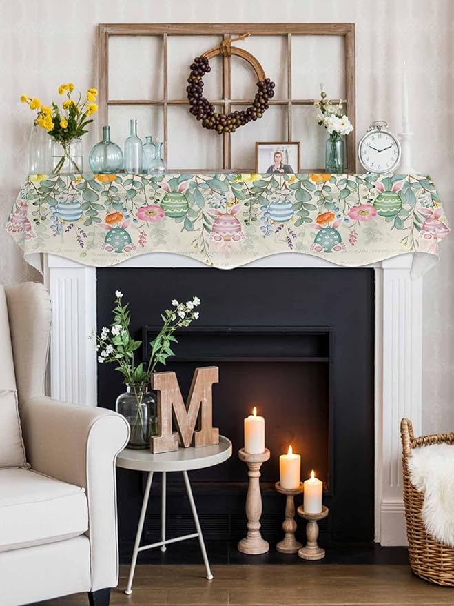 Easter Fireplace Mantel Scarf Table Runner, Spring Colorful Eggs Eucalyptus Leaves Floral Winter Garland Mantel Top Tablerunners Dresser Scarves Cover for Windows Party Living Room 60''x17''