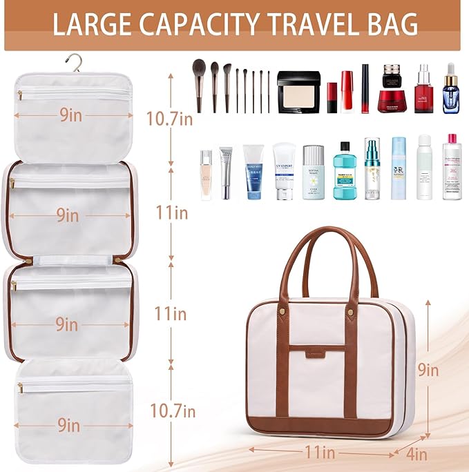 Bosidu Hanging Travel Toiletry Bag,Large Capacity Cosmetic Travel Toiletry Organizer for Women with 4 Compartments & 1 Sturdy Hook,Perfect for Travel/Daily Use/Christmas