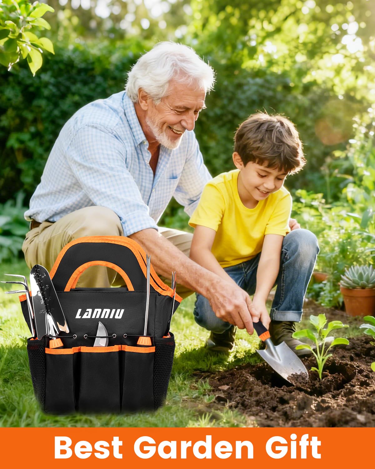 LANNIU 7-Piece Gardening Tools Set, Heavy Duty Stainless Steel Hand Tools with Blakc Tote Bag - Ergonomic Non-Slip Grip for Planting, Weeding & Digging