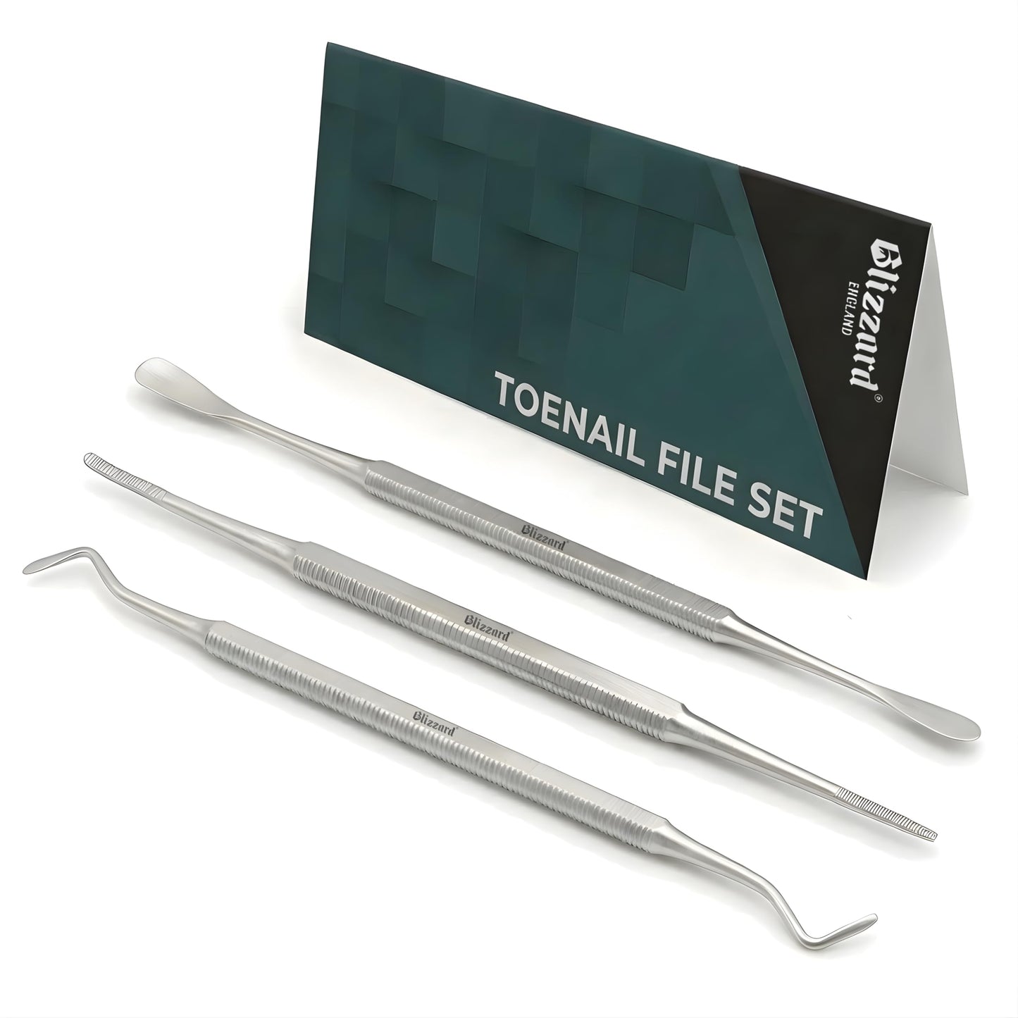 Blizzard Premium Blacks File Foot Care Pedicure Kit – 3-Piece Ingrown Toenail Kit – Double-Sided Toenail Cleaner, Nail File & Nail Lifter – Stainless Steel Podiatry Tools Professional Nail File Set