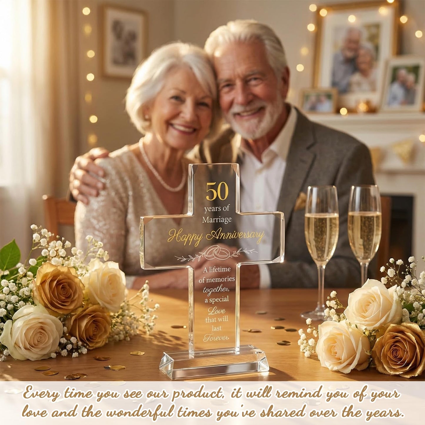 50th Wedding Anniversary for Couple Gifts, Religious Standing Cross Crystal with Wedding Keepsake Box, Laser Engraved 50 Year Anniversary Romantic Gift for Decorations, Couple, Her, Him