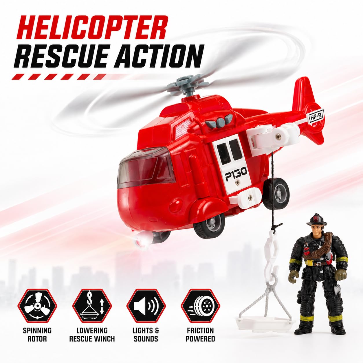 Friction Powered Fire Rescue Toy Set – 1:20 Scale Fire Truck, Helicopter & 2 Firefighter Action Figures with Lights & Sounds – Educational Emergency Vehicle Playset for Kids Ages 3+