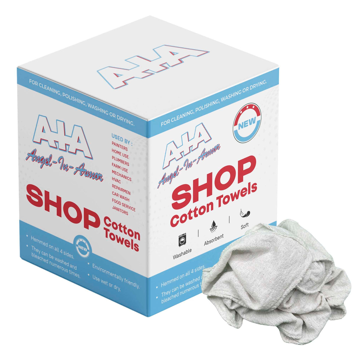 Angel-in-Armor Shop Towels (14”x14”) – 150 Unit Box of Lint-Free Cotton Shop Towel Cleaning Rags – Durable Shop Rags for Auto, Garage, Industrial, and Commercial Use (150 Count)