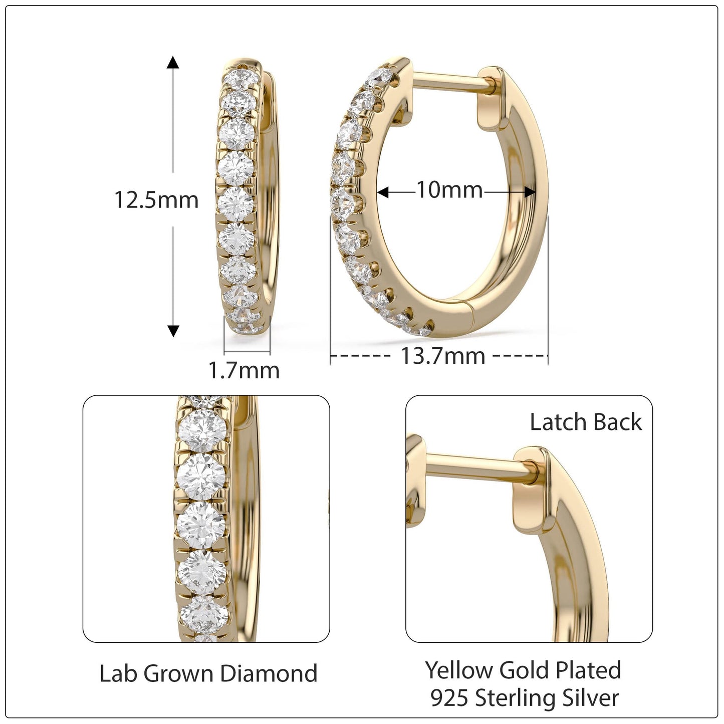 Huggie Hoop Earrings For Women, 1/4 Carat Round Shape Lab Grown Diamond Wedding Bridal Hoop Earrings In 14K Yellow Gold Over Sterling Silver Jewelry for Her (0.25 Cttw)