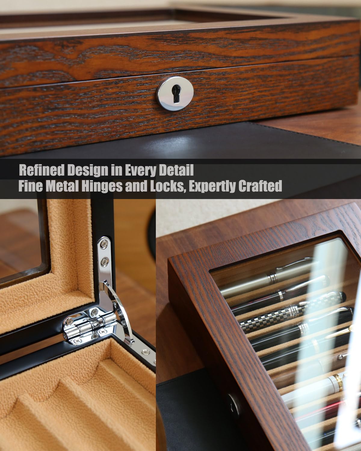Besforu 12-Slot Fountain Pen Collector Case – Lockable Wooden Organizer with Glass Display Top, Premium Storage Box for Writing Instruments and Gift for Men
