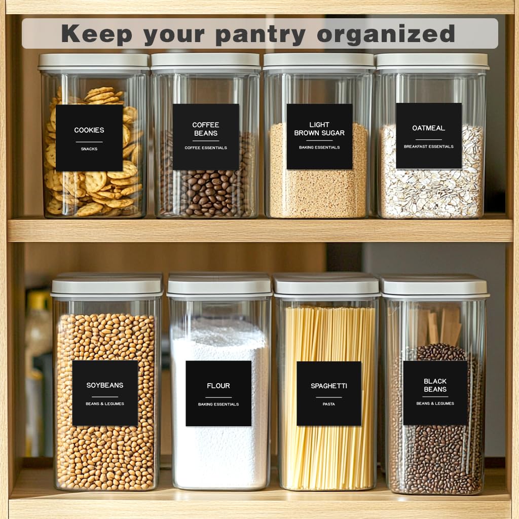 Kuocodall 288 Pantry Labels for Food Containers, Black Preprinted Minimalist Waterproof Stickers for Organizing Storage Bins, Jars and Kitchen