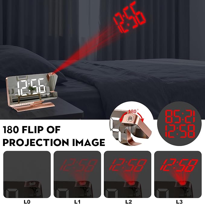 SZELAM Alarm Clock Bedside with Projection Digital Clock,7.3" Mirror Clock with 180°Rotating Projector,Dual Alarm with 3 Mode,Brightnee Adjust,DST,Snooze,Charging Port,5 Levels Volume for Desk Teens