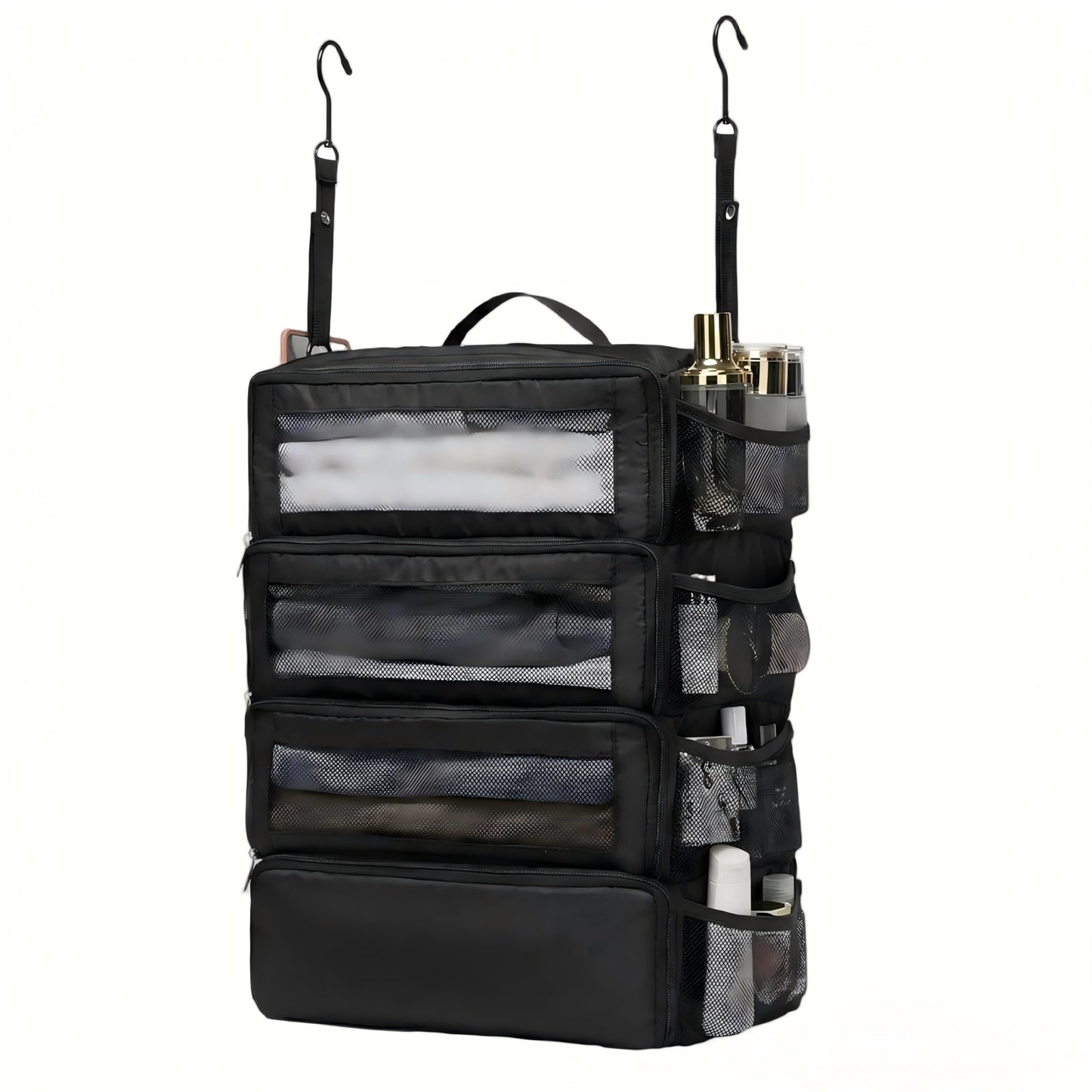 Klyyo Clyro Back to School Hanging Suitcase Organizer Black 4 Layer Dorm Room Clothes Storage Bag with Adjustable Hook Pack Hang Travel Organizer for College Dorms Summer Camp Closet