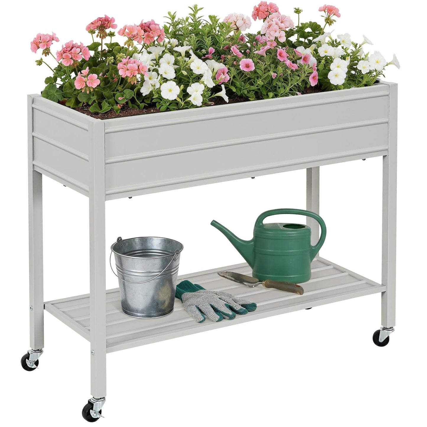 ZORMY 32" Tall Galvanized Raised Garden Bed with Legs Wheels & Shelf, Elevated Planter Box Outdoor for Vegetables, Herbs & Flowers, Patio & Backyard, Garden Bed with 400lb Capacity，Grey