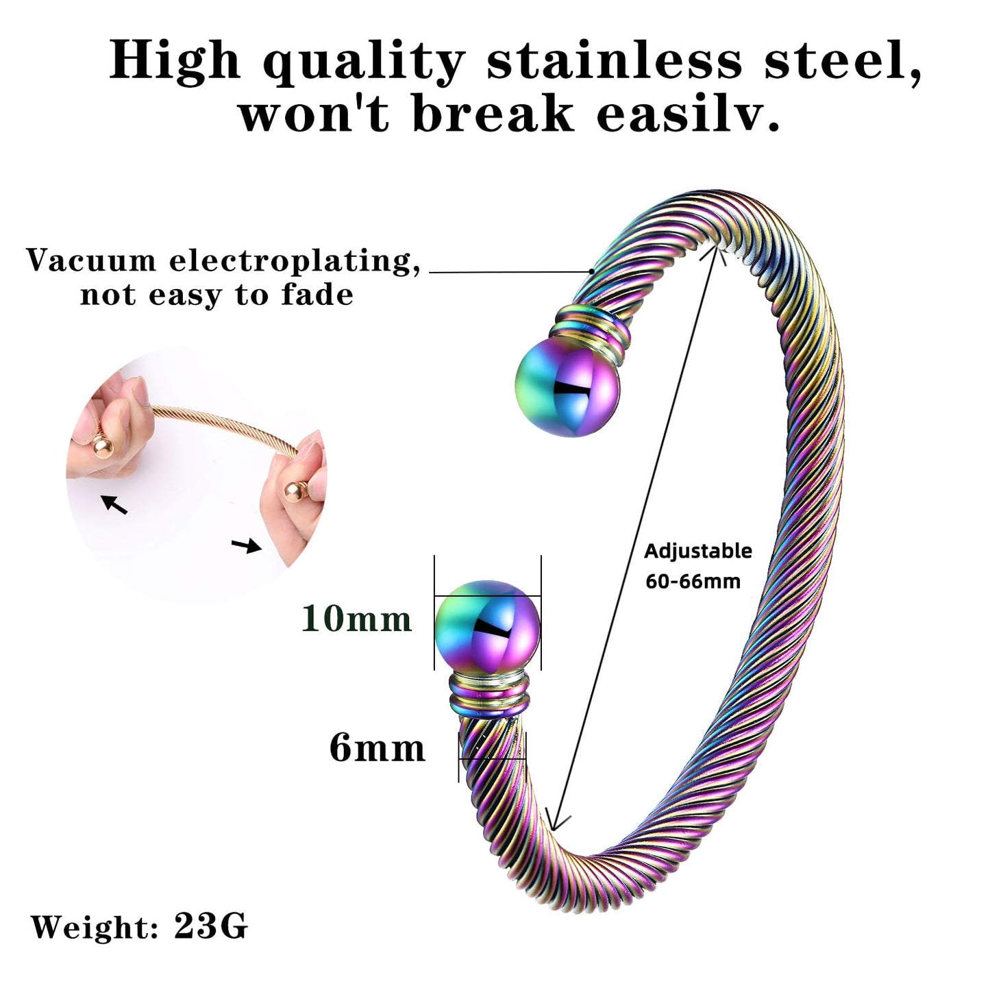 BOLAGTIER Stainless Steel Twisted Cable Wire Bracelets Adjustable Open Cuff Bangle Bracelet Vintage Jewelry Gift for Women (C-Rainbow)