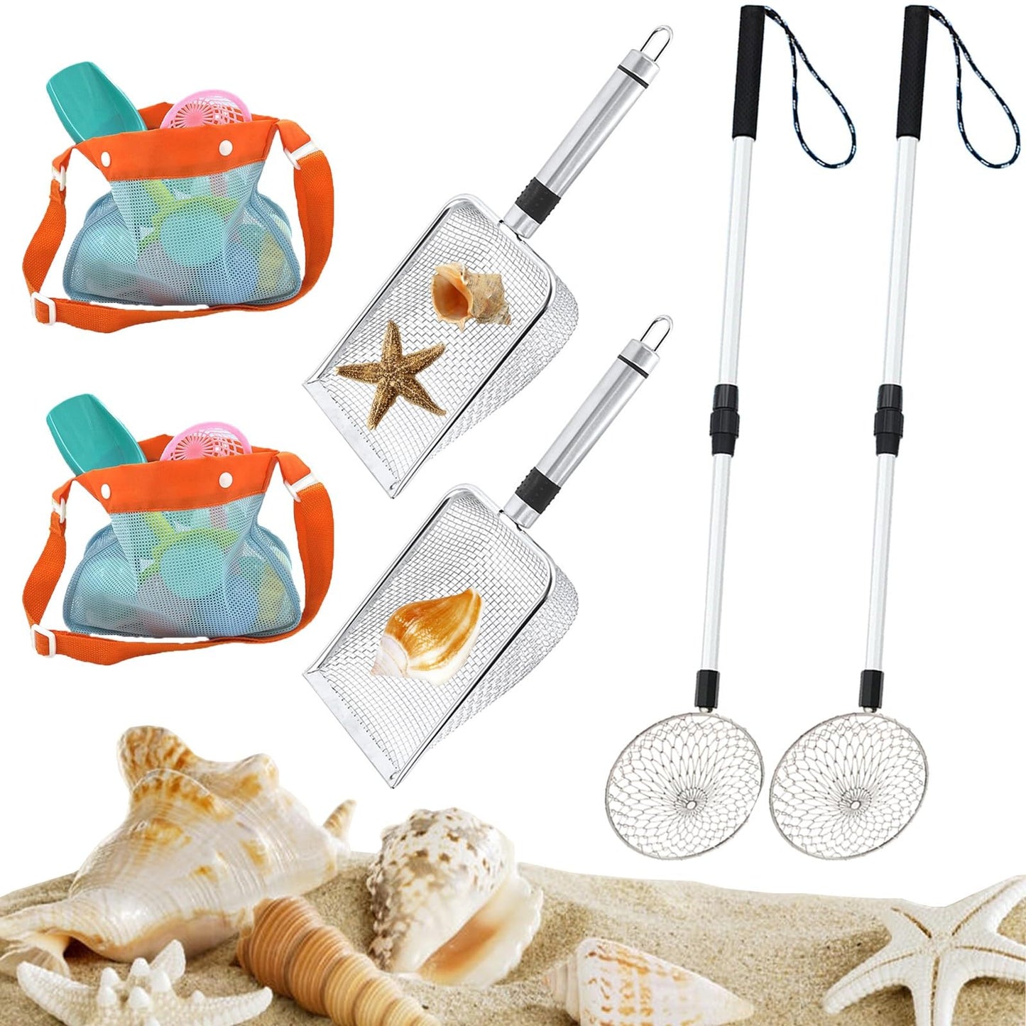 Hokoad 6Pcs Shelling Tools for Beach Include Beach Mesh Shovel, Sand Sifter with Extra Long Adjustable Handle and Mesh Beach Bag, Collecting Shells Beach Toys or Kids Girls Boys(6Pcs)