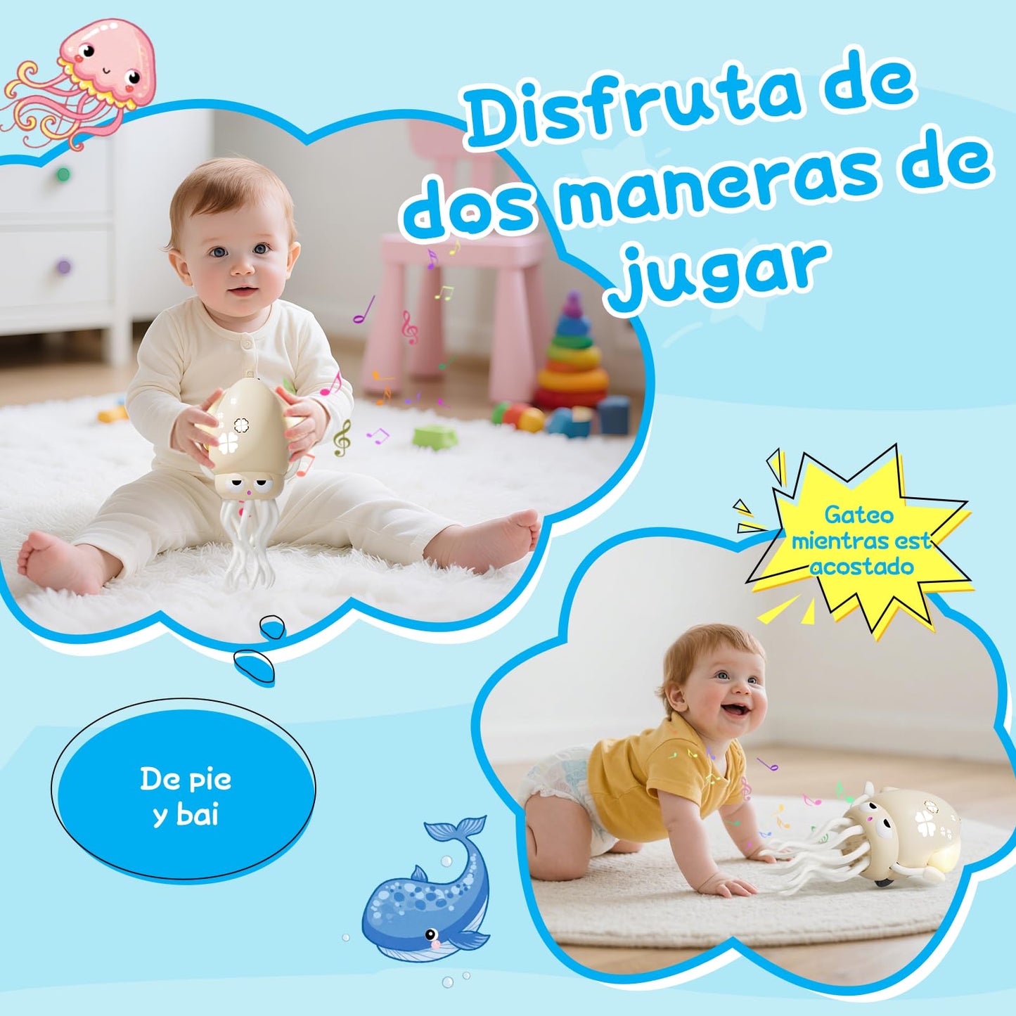 WAYPIN SION Crawling Dancing Octopus Toy for Kids – Rechargeable Interactive Sensory Toy with LED Lights & Music, Fun Tummy Time Gift for Birthdays & Holidays (Off-White)