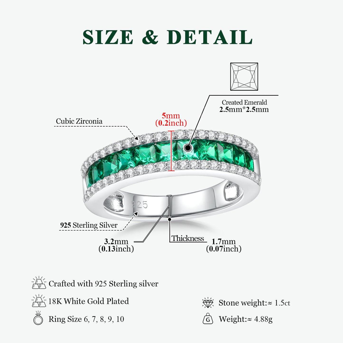 RANDES Created Emerald Engagement Ring 925 Sterling Silver Emerald Green Stone Ring Eternity Band Rings for Women Size 9.5