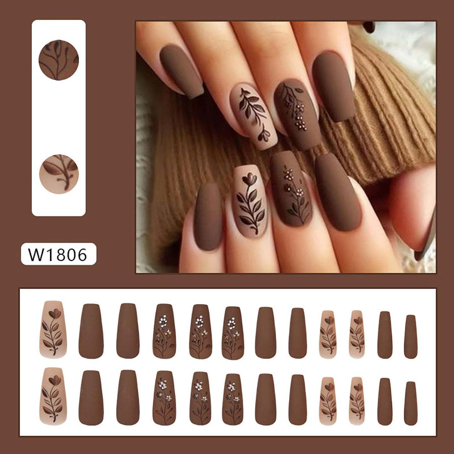 Brown Press on Nails Medium Matte Fake Nails Brown Flower Pattern Design Artificial Nails Solid Color Press Nails Full Cover Ballet Shaped Nails Acrylic Stick on Nails 24Pcs Glue on Nails for Women