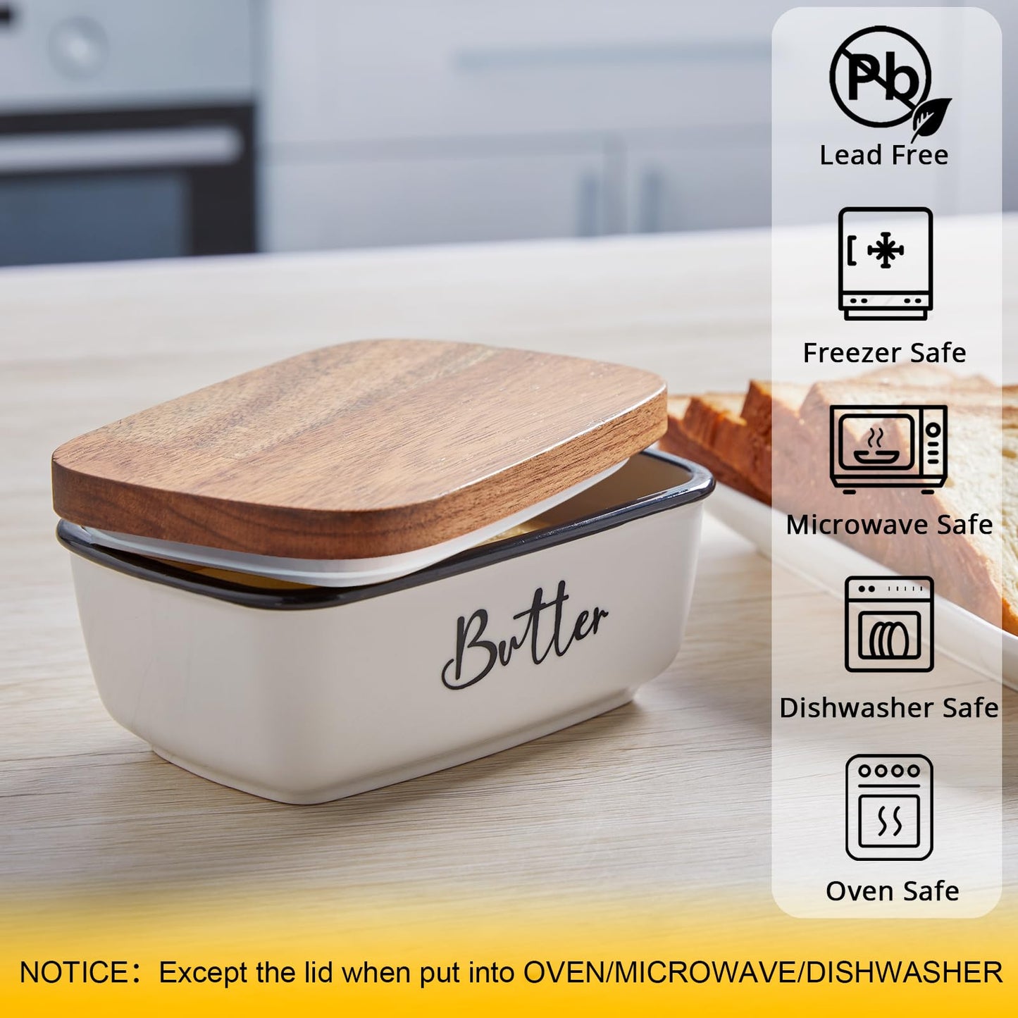 Butter Dish with Lid, ALELION Large Ceramic Butter Dish for Countertop, Butter Keeper with Thick Acacia Wood Lid, Kitchen Decor and Accessories for Kitchen Gifts, White