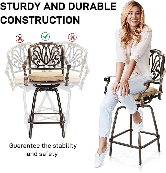 VINGLI Outdoor Swivel Bar Stools Set of 2, Cast Aluminum Patio Bar Height Chairs, All-Weather Bar Dining Chairs Outdoor Swivel Patio Furniture (Elizabethan Back)