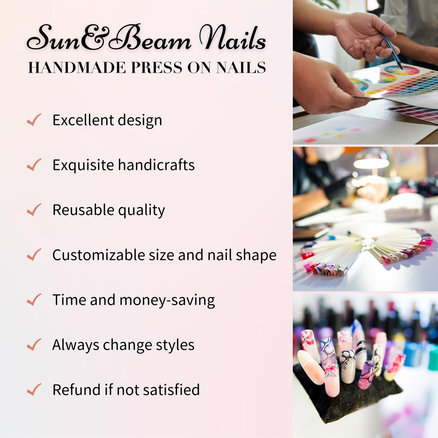 Sun&Beam Nails Handmade Press-on Short Round White Beige Gold 3D Mirror Pearl Design False Nail Tips 10 Pcs (#131 S)