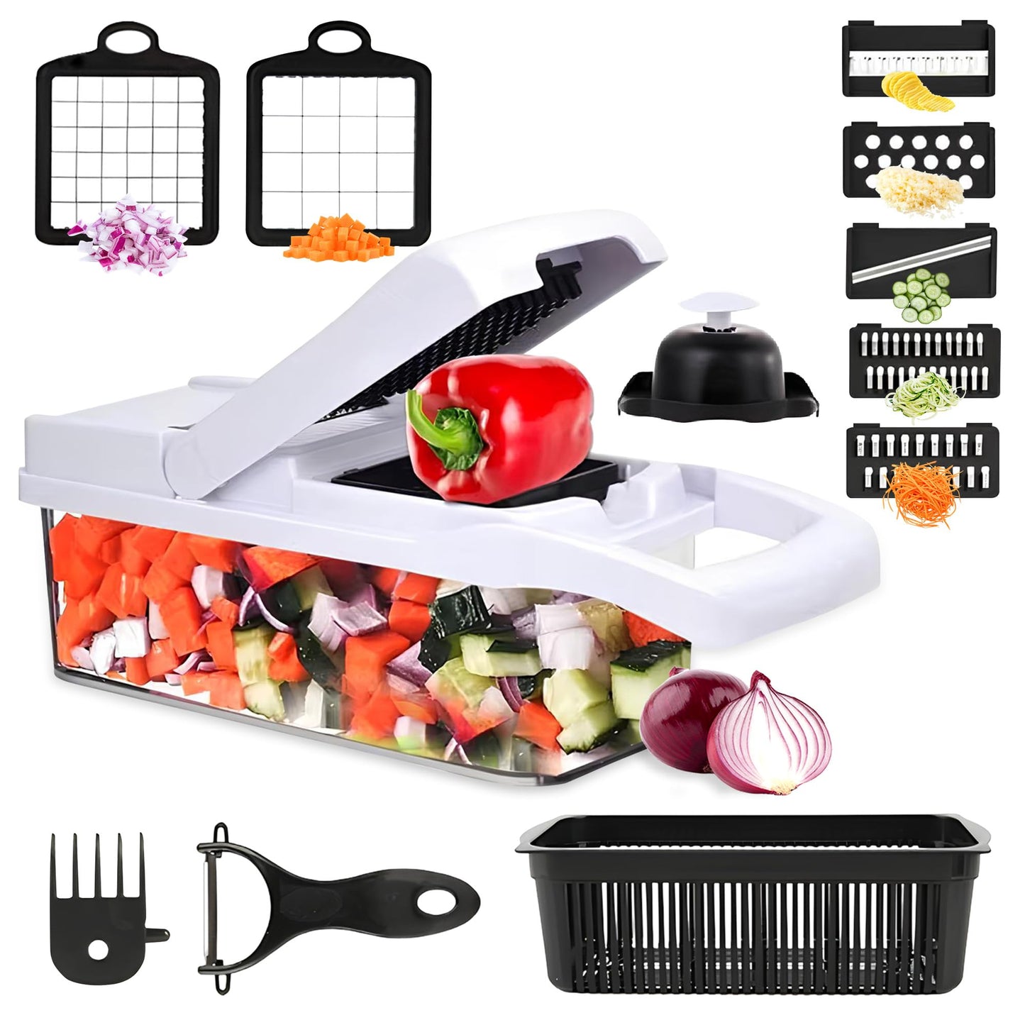ISHKITCH 16-in-1 Vegetable Chopper & Mandoline Slicer – Multi-Blade Food Dicer, Onion Chopper, Veggie Cutter with Stainless Steel Blades, Dishwasher Safe Kitchen Tool