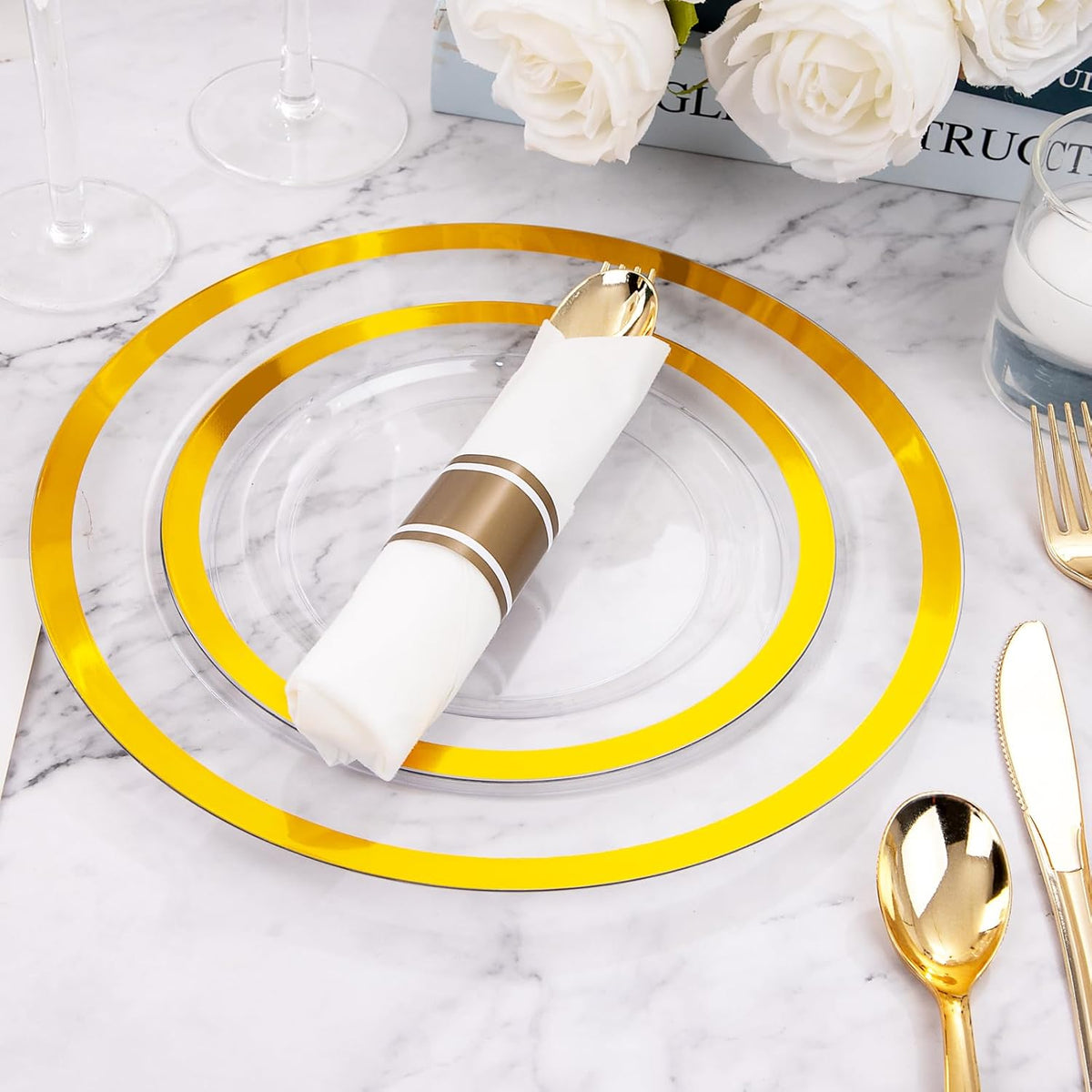 I00000 350 Pcs Clear and Gold Plastic Plates, Gold Disposable Plates, Include 50 Dinner Plates 10.25'', 50 Dessert Plates 7.5'', 50 Cups 9 OZ, 50 Pre Rolled Napkins with Cutlery