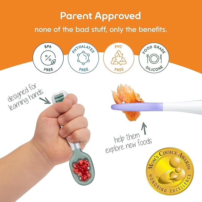 NumNum Baby Spoons Set, Baby Essentials Pre-Spoon GOOtensils for 6+ Months, First Stage Self-Feeding Spoons for Baby Led Weaning (BLW), Silicone Toddler Utensils, BPA-Free, 2 Pack Pink/Orange