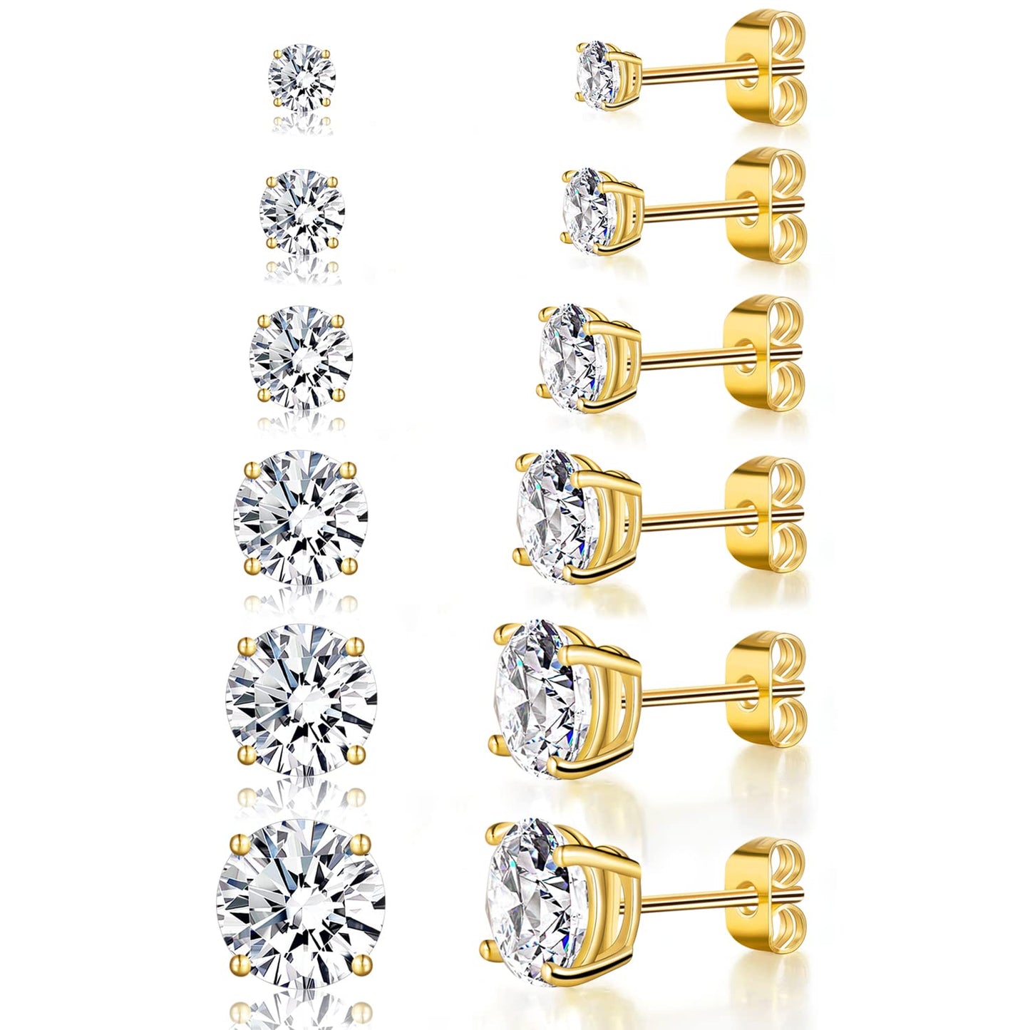 Gemsme 6 Pairs Cubic Zirconia Stud Earrings for Women/Men - Round Cut 4 Prong Settings 18K Gold Plated Hypoallergenic 3-8mm Clear Earrings Set - Gold