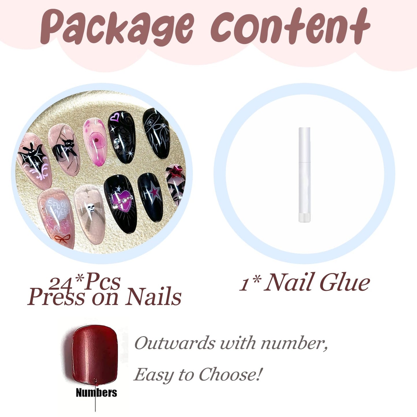 BABALAL Almond Press on Nails Medium Fake Nails Black Pink Glue ons Y2k Bat Cat Bow Design Goth Acrylic Nails 24Pcs Cute Halloween False Nails Star Stiletto