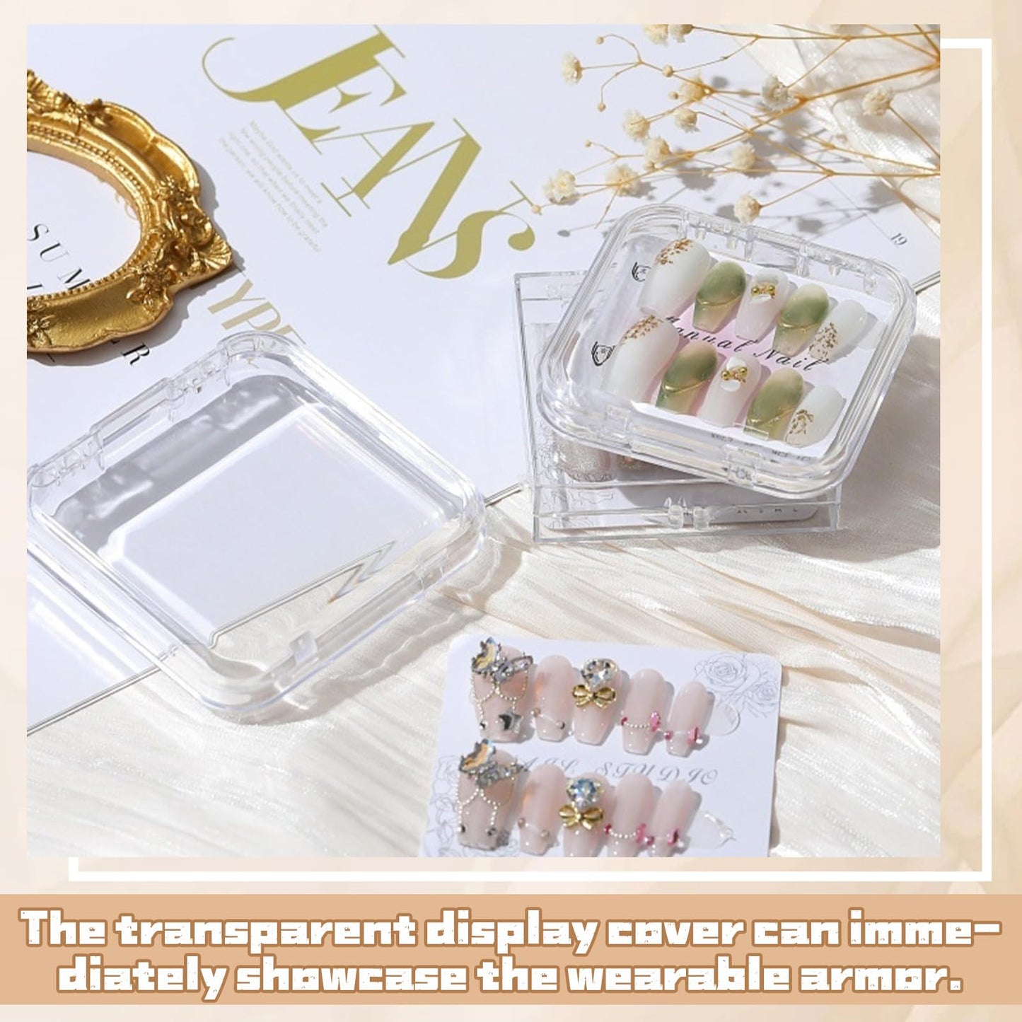 Oskrieel Press on nail storage 14 PCS Acrylic Nail Storage Box - Portable Versatile Organizer for Press - On Nails, Jewelry and More with 60 Pcs Adhesive Double Sided Tape