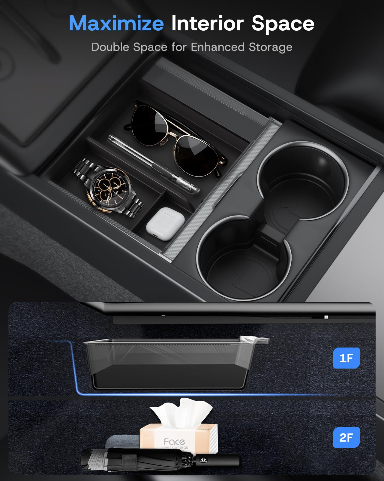 SUMK Center Console Organizer Tray for 2025 2026 Tesla Model Y Juniper (Premium & Performance) & All Model 3 Highland, Durable PC +Silent Silicone Liner Armrest Storage Box Wireless Charging Pad 4PCS
