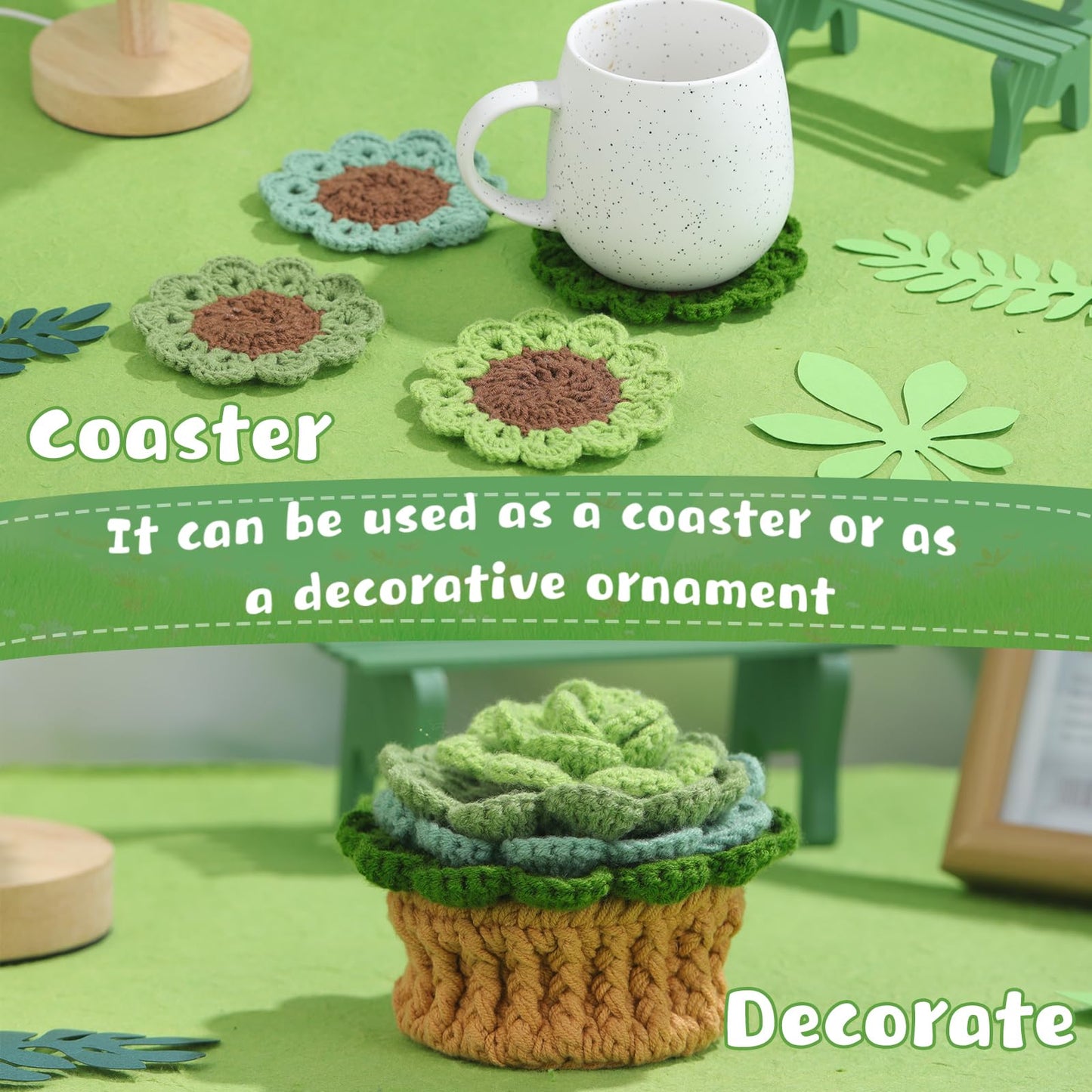 LUNARM Crochet Kit for Beginners, Crochet Start Kit Green Plant Coasters with Step-by-Step Video Tutorials, Easy-to-Learn Knitting with Hook and Yarn, Beginner-Friendly