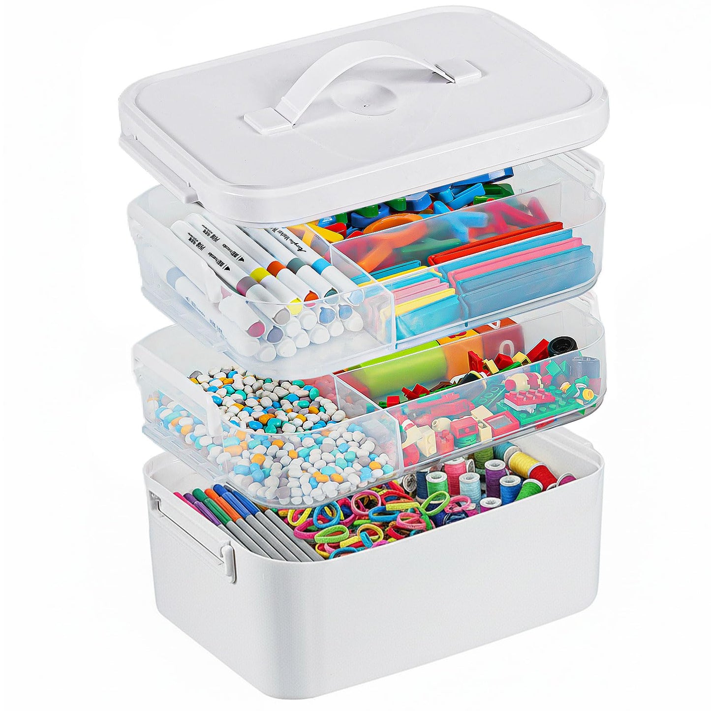 3-Layer Plastic Craft Organizers and Storage Box with Removable Trays, Storage Containers with lids and Handle, Art Supply Storage Organizer for Bead, Ornament, Nail Polish, Tape（10.62" x9"x7.67"）