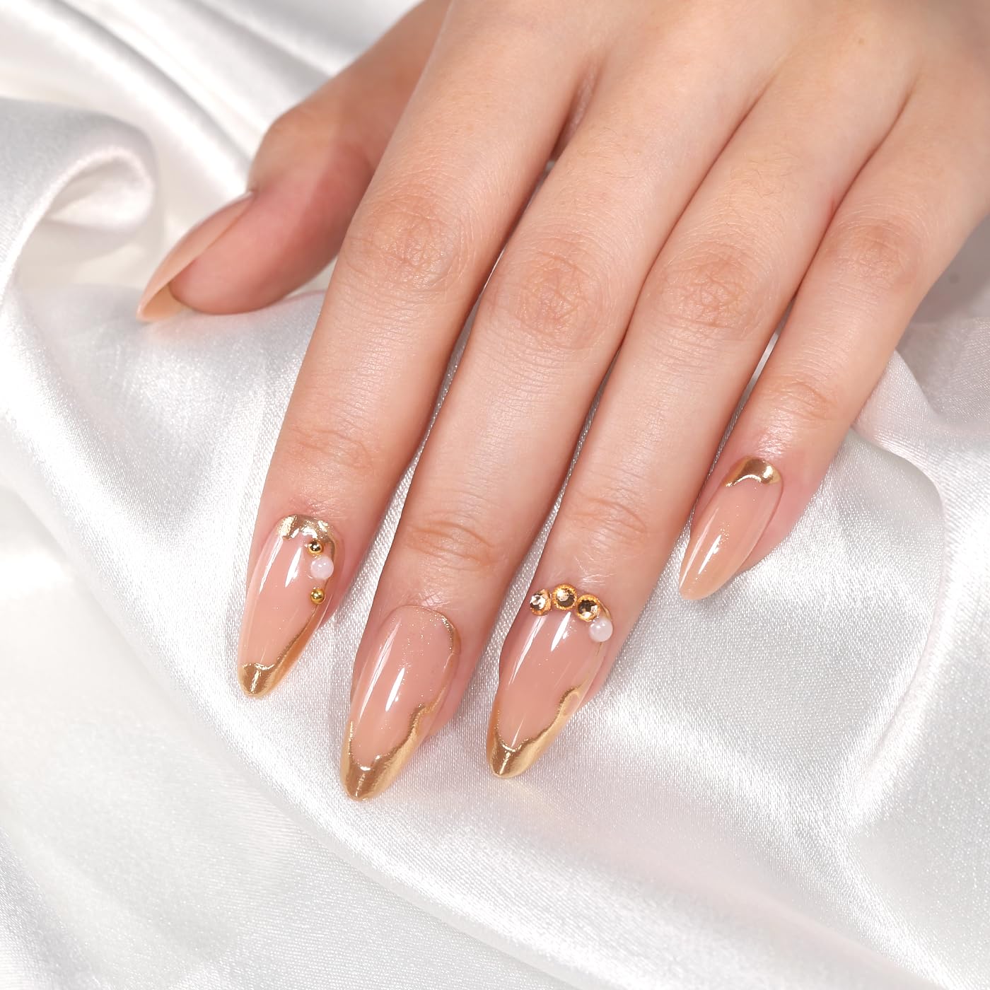 Goolich Medium Almond Chrome Gold Line Press On Nails, 3D Bead Charms French Tip Design Nails Press ons Set with Adhesive Tabs, 24 Pcs 12 Size Reusable Full Cover Glue on Nails for Women