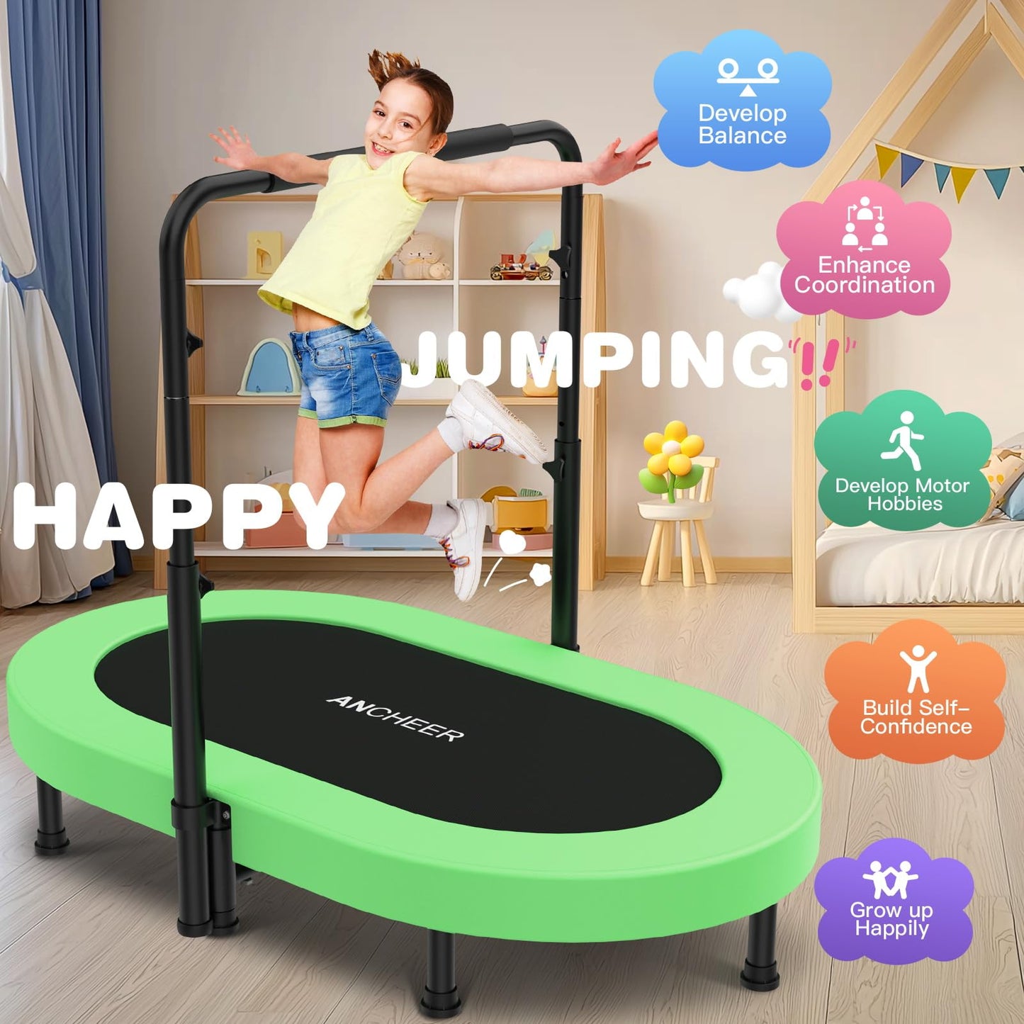 ANCHEER 56" Double Mini Trampoline for Kids, Mini Rebounder with 5-Level Adjustable Handle, Parent-Child Trampoline for Kids, Max Load 220lbs, Fun for Indoor/Outdoor