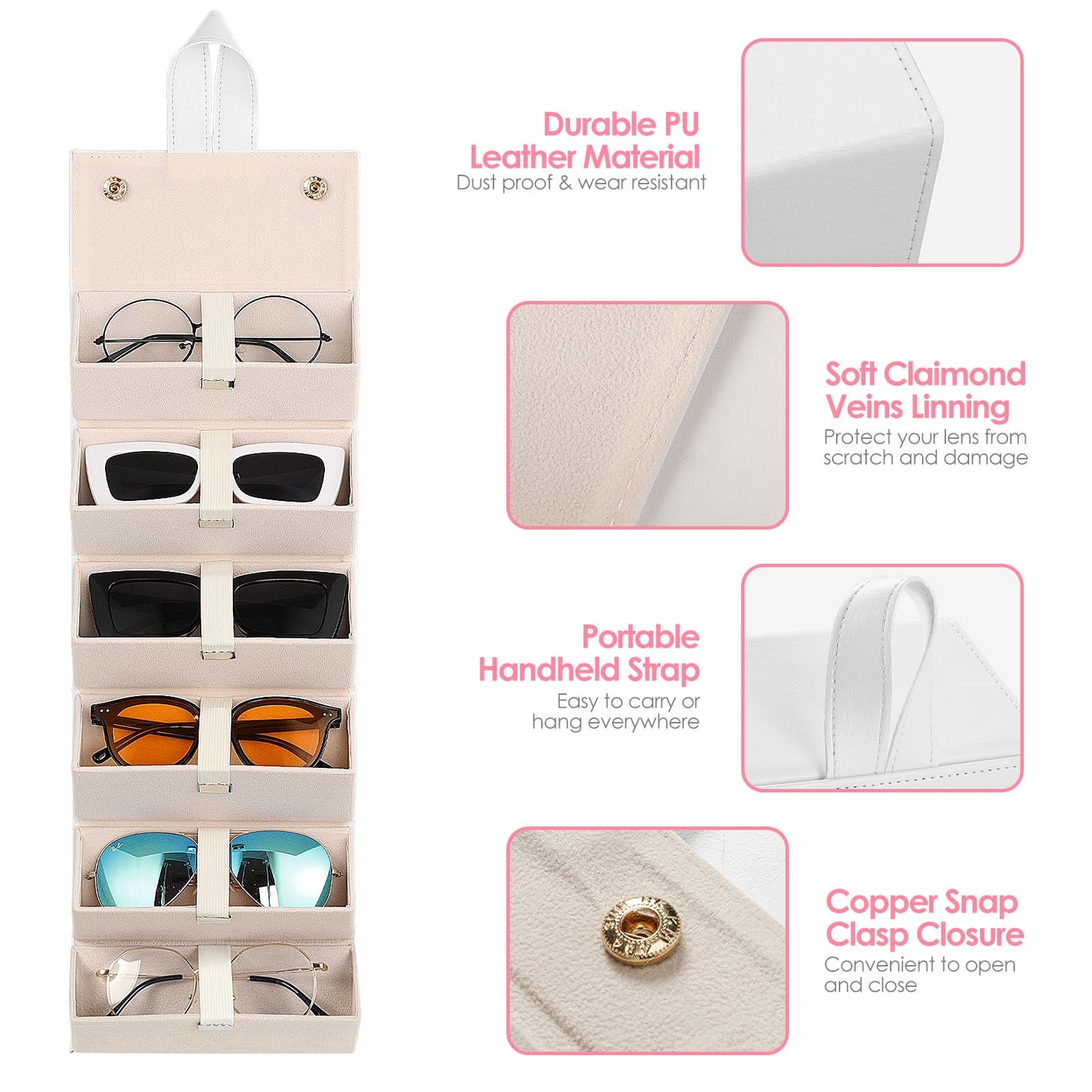 MoKo Sunglasses Organizer with 6 Slots, Foldable Travel Glasses Storage Case Holder Eyewear Display Box, Beige